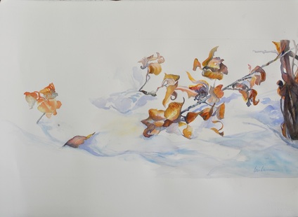 abstract contemporary white watercolor painting leaves on snow