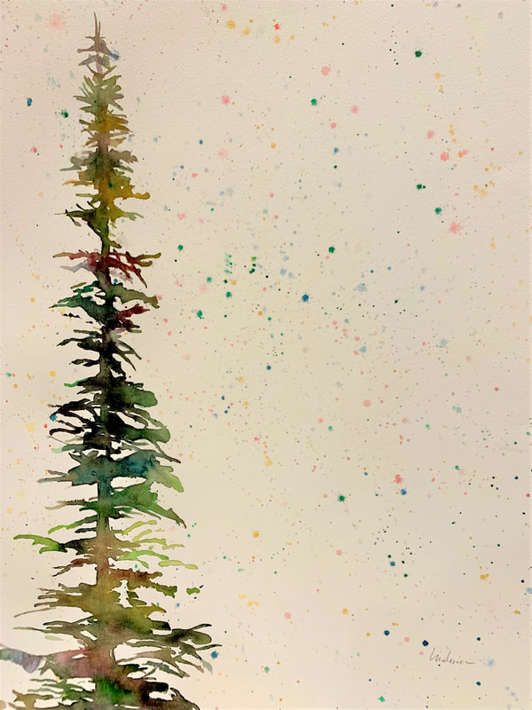contemporary watercolor of snow and pine tree 40x32.