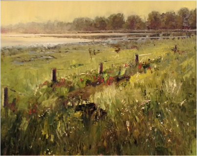 oil painting lake fence and meadow yampa valley medical center reception 