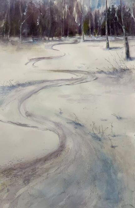 oversize large format watercolor 60x40 ski track into snowy woods colorado