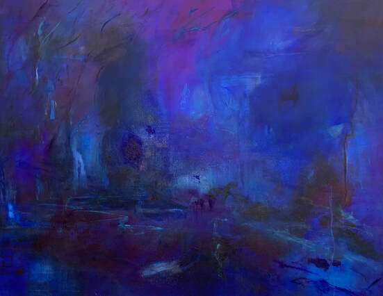 Large format oil painting in blues at Museum District Eye Center Gallery, Houston, TX