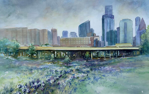 watercolor painting houston skyline with bluebonnets
