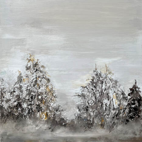 contemporary landscape painting black and white oil painting of trees in black white grey and gold texas hill country with fog