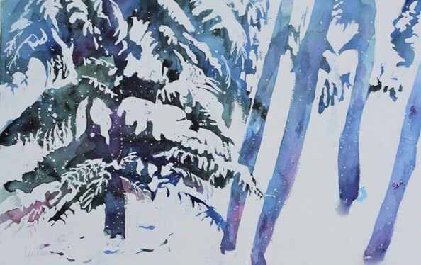 abstract contemporary watercolor silhouetted pine trees colorado