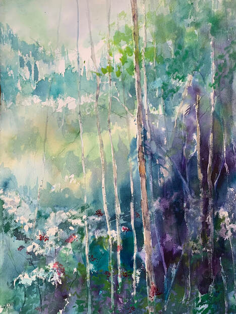 contemporary purple and green watercolor painting of spring creek hike near Steammboat Springs, Colorado.