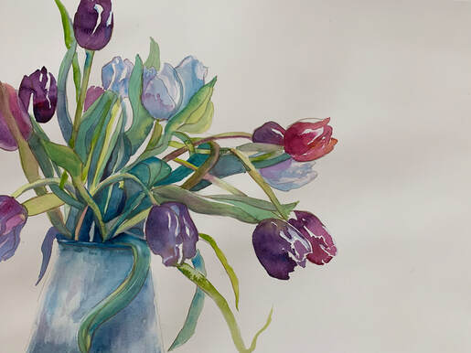 watercolor painting tulips violet red and white
