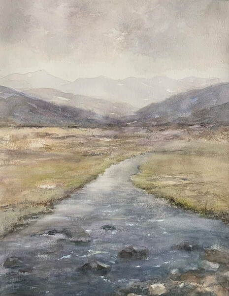 watercolor painting cold stream and mountains 