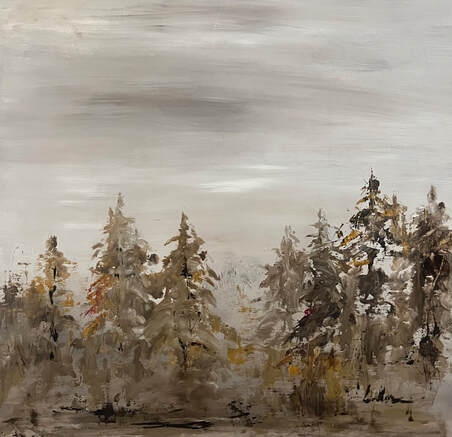 contemporary landscape oil painting of pine trees in siennas browns greige on grey foggy day