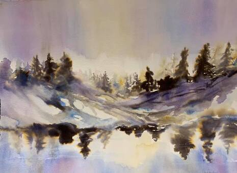 contemporary watercolor painting of snow sky and pine trees reflecting in frozen lake in winter
