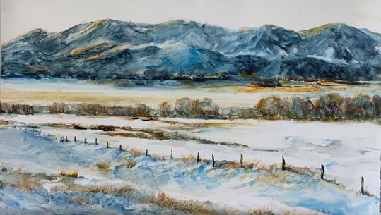 watercolor on stone colorado mountains and fenceline in routt county near steamboat springs colorado