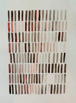 contemporary abstract watercolor painting of black and white and red stripes representing books and music