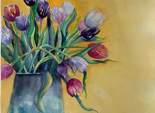 watercolor painting tulips in a tin can gold background