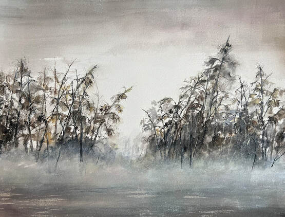 contemporary watercolor painting black and white trees texas hill country with fog