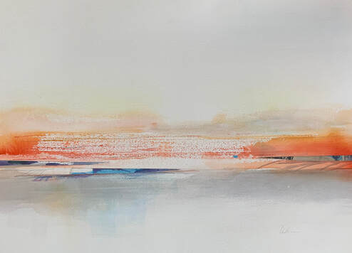 COntemporary Abstract watercolor orange blue and grey