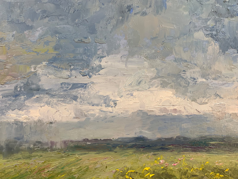 Fair Fields oil painting 9x12 with fields and far moutains and big sky.