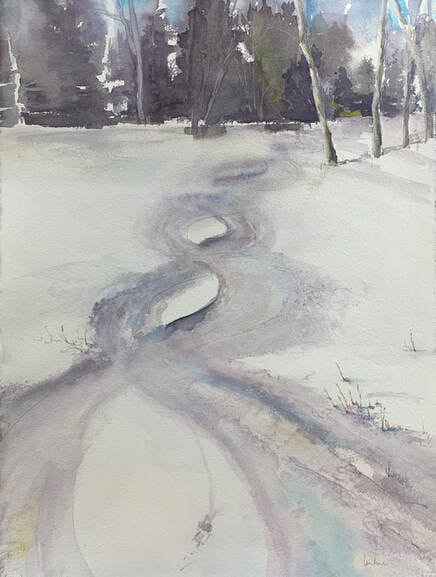 watercolor painting duet skiers in snow going into woods