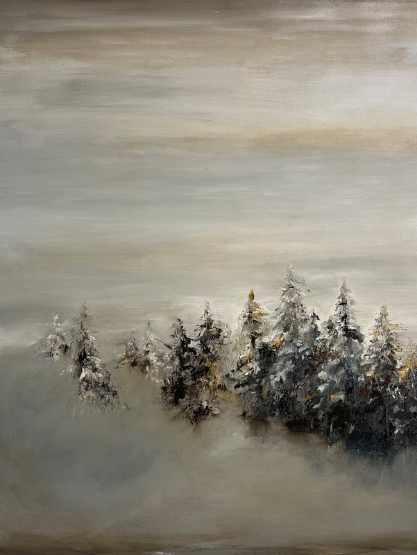 Oil painting pine trees and fog on grey day in Colorado