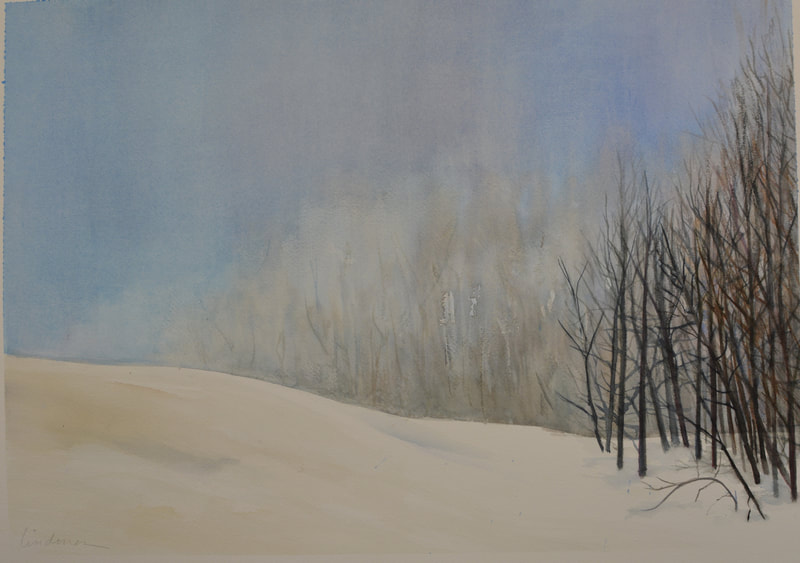Watercolor painting of fog and snow near the summit of Rabbit Ears Pass Steamboat Springs, Colorado.