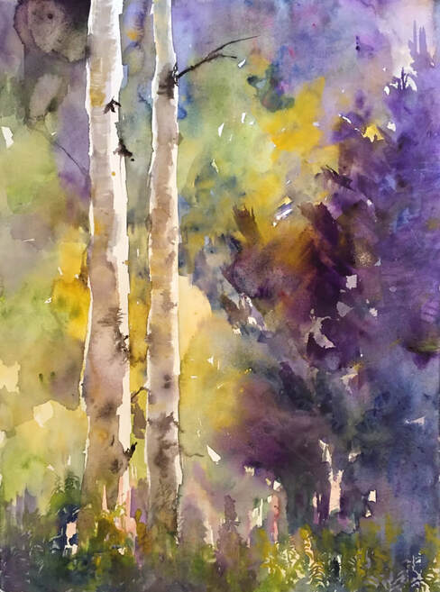 Hiking with Dad watercolor painting of aspens in the forest Best of the Boat 2019 Steamboat SPrings, Colorado