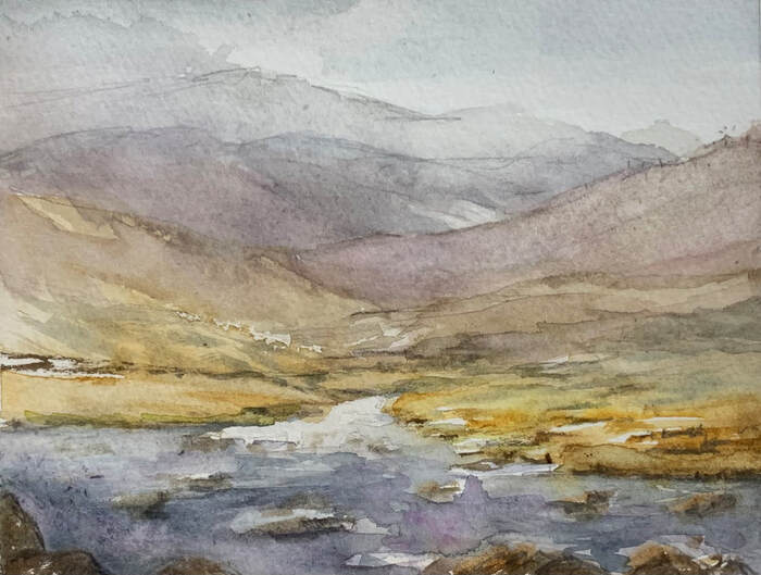 small watercolor painting colorado stream and mountains. scotland painting