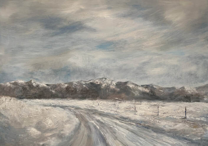 oil painting of snowy colorado road leading to distant mountains monarch pass area of colorado