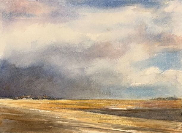 Watercolor painting texas skies and plains fields and golden land against a storm cloud sky at the top of texas in the panhandle.