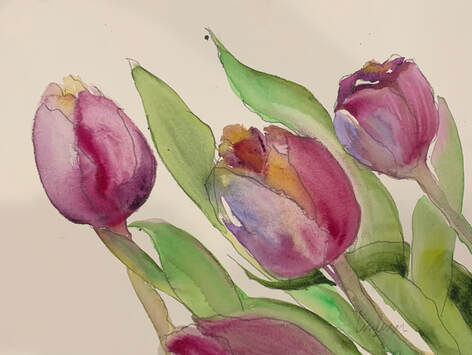 watercolor painting of pink tulips