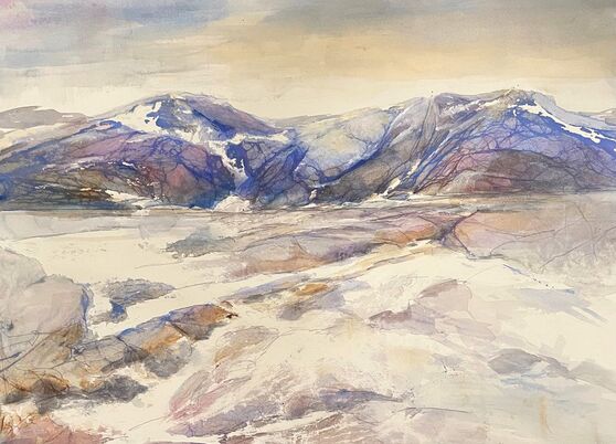 contemporary rocky mountain watercolor painting