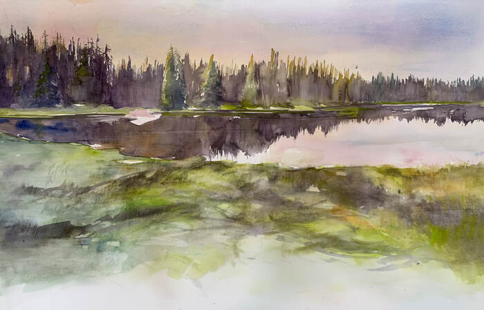 Sunrise at the Summit watercolor painting of high mountain lake at sunrise. 