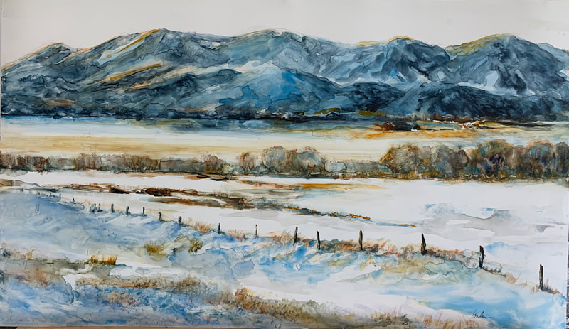 watercolor painting on stone paper of mountains near Steamboat Springs in Routt County.