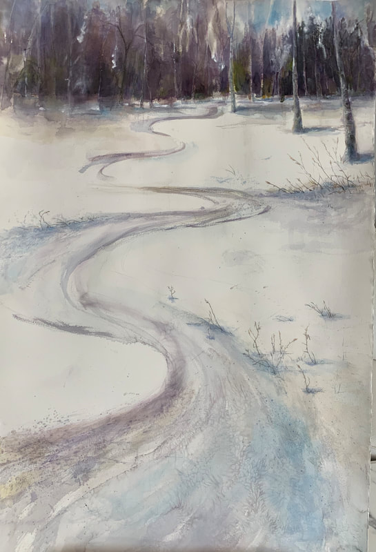 Large format watercolor 66x44 painting of Single person's tracks skiing through the woods 
