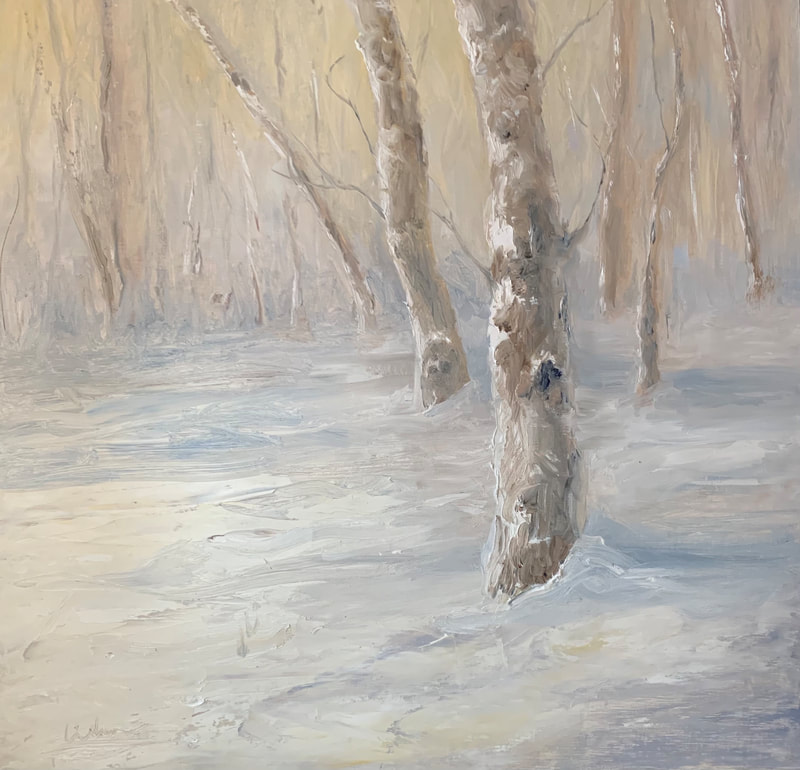 Oil painting of snow and aspen in winter.
