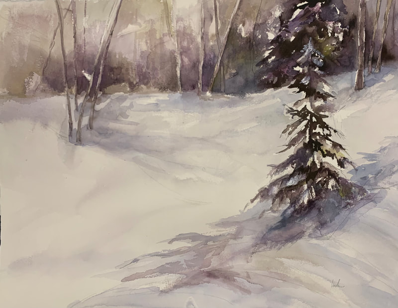 watercolor painting snowy forest and pine tree 32x40